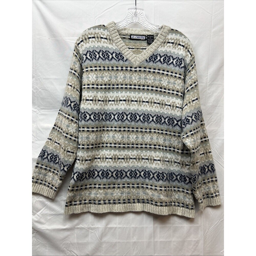 Vintage X-Treme Gear Sweater Mens XL Fair Isle Nordic V Neck Acrylic Korea Snow